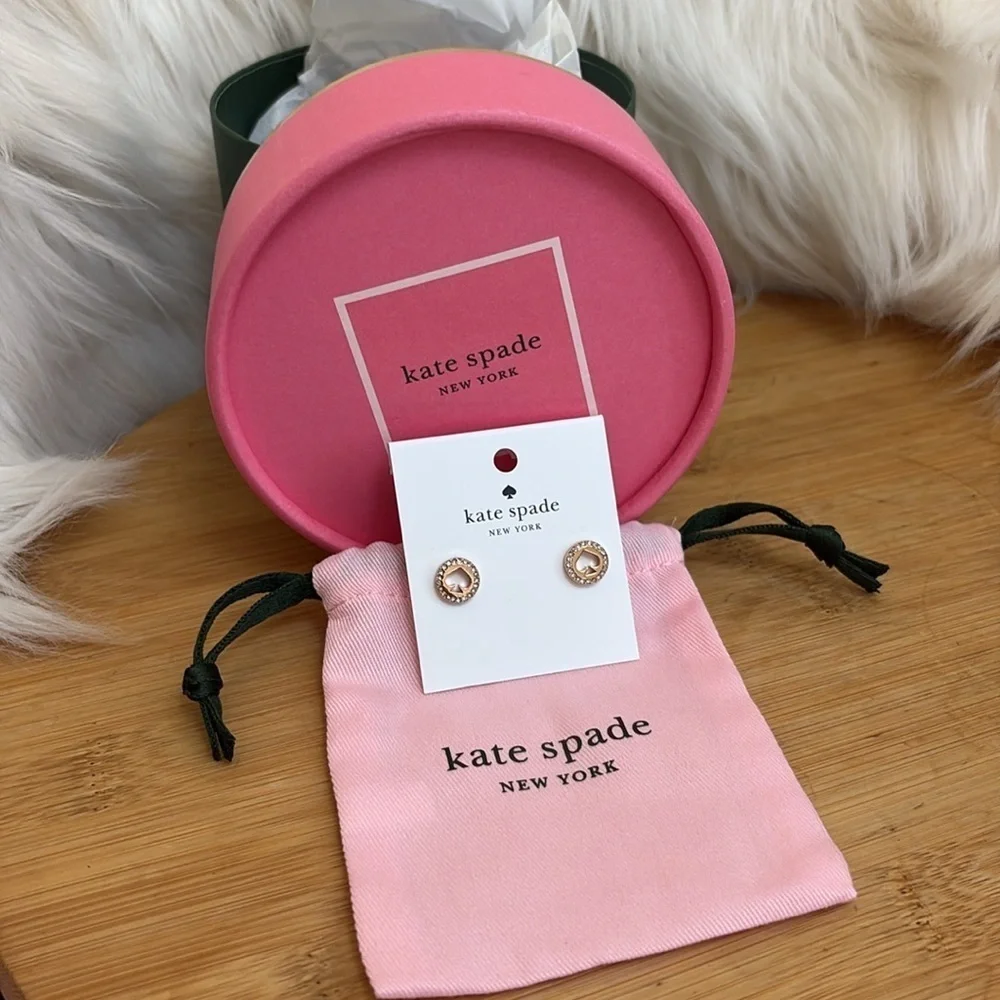 Kate Spade • NWT NIB Rose Gold Spot The Spade Pave Crystal Halo Earrings + Bag